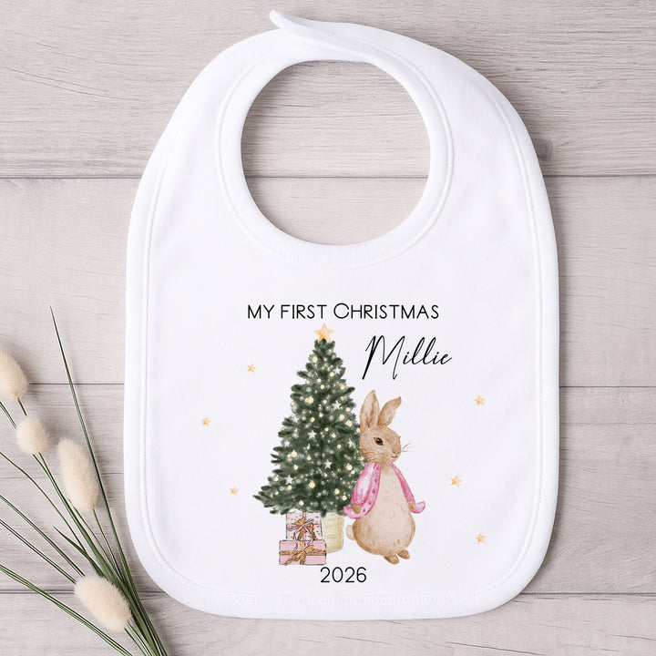Personalised Pink Rabbit My First Christmas Baby Grow, Vest or Bib