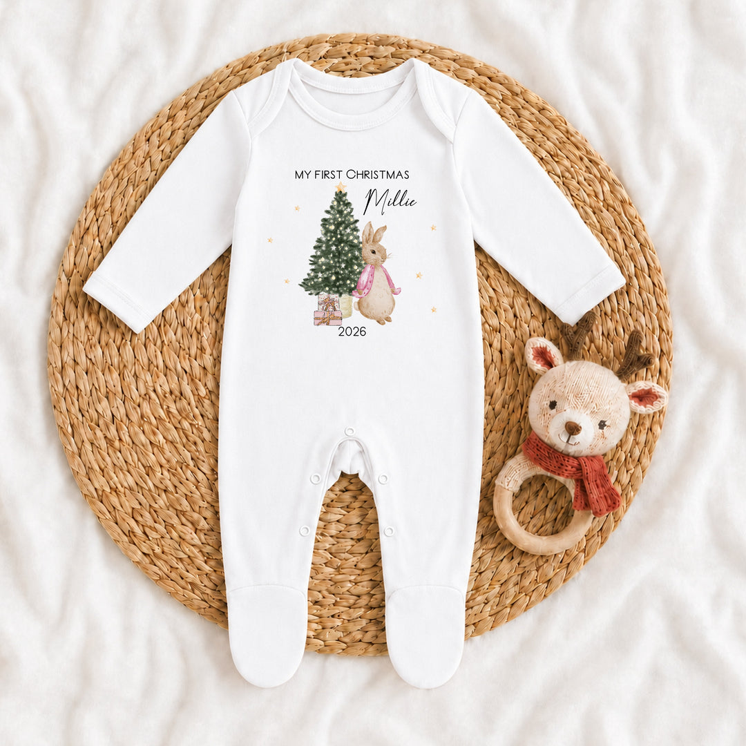 Personalised Pink Rabbit My First Christmas Baby Grow, Vest or Bib