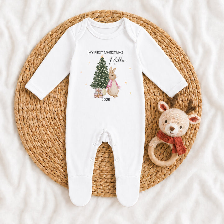 Personalised Pink Rabbit My First Christmas Baby Grow, Vest or Bib