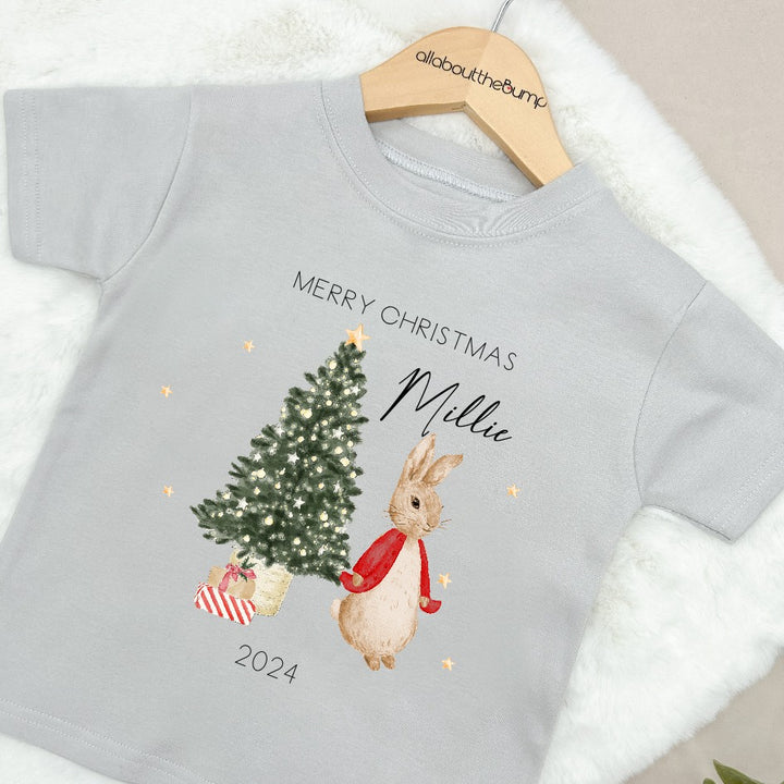 Personalised My First Christmas Red Rabbit Grey T-Shirt