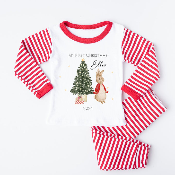 Personalised My First Christmas Red Rabbit Red Stripe Pyjamas