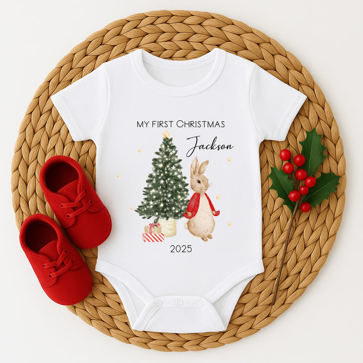 Personalised My First Christmas Red Rabbit Baby Grow/Vest/Bib