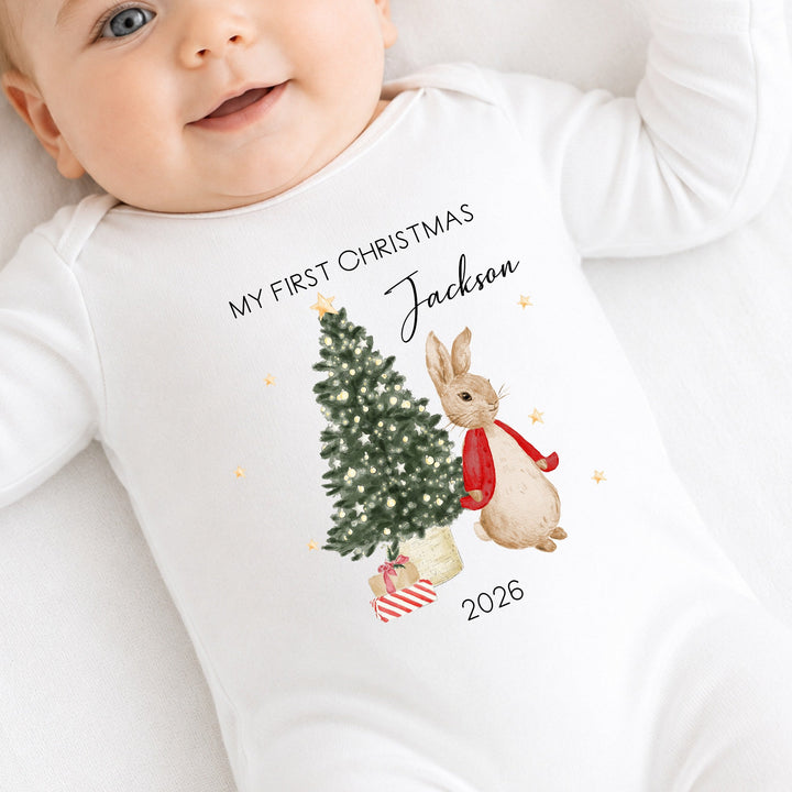 Personalised Red Rabbit My First Christmas Baby Grow, Vest or Bib