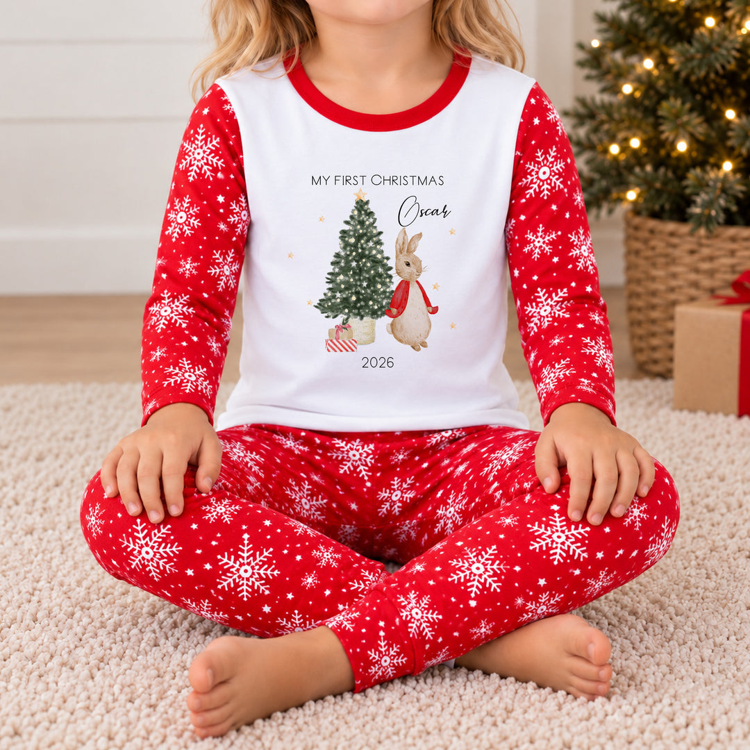 Personalised Red Rabbit Snowflake My First Christmas Pyjamas