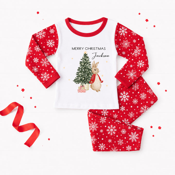 Personalised Red Rabbit Snowflake Christmas Sibling Matching Pyjamas or Baby Grow