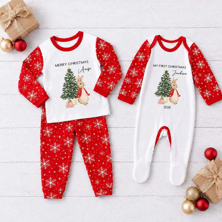 Personalised Red Rabbit Snowflake Christmas Sibling Matching Pyjamas or Baby Grow