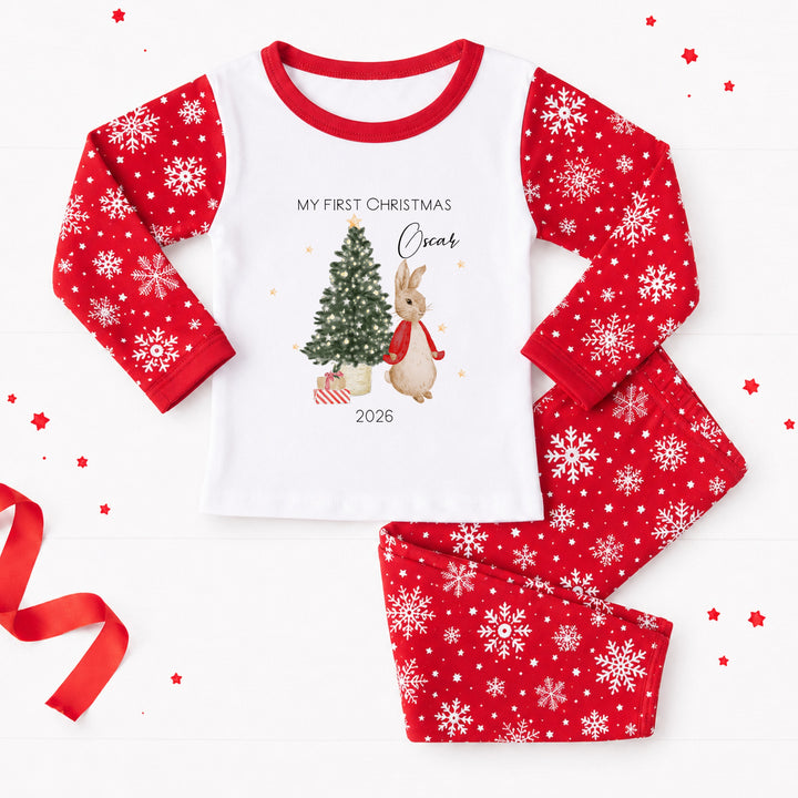 Personalised Red Rabbit Snowflake My First Christmas Pyjamas