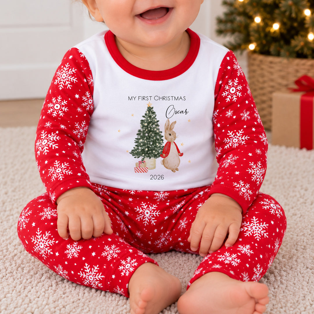 Personalised Red Rabbit Snowflake My First Christmas Pyjamas
