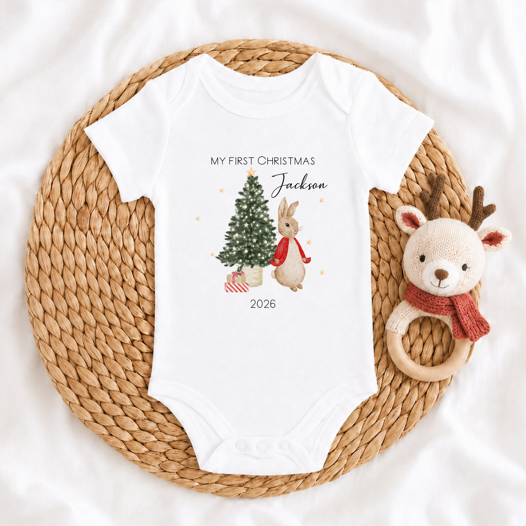 Personalised Red Rabbit My First Christmas Baby Grow, Vest or Bib