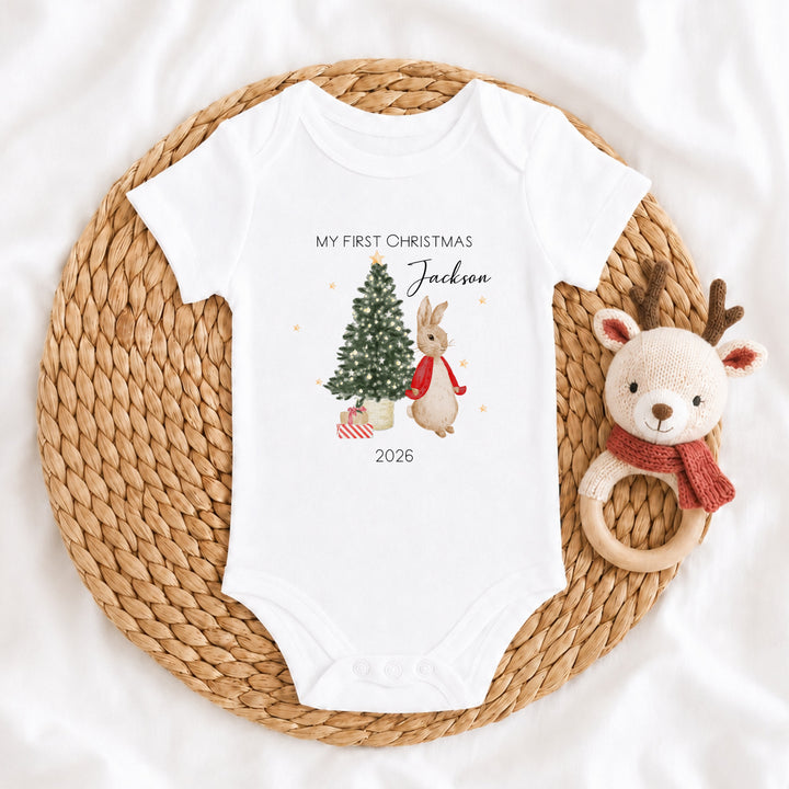 Personalised Red Rabbit My First Christmas Baby Grow, Vest or Bib