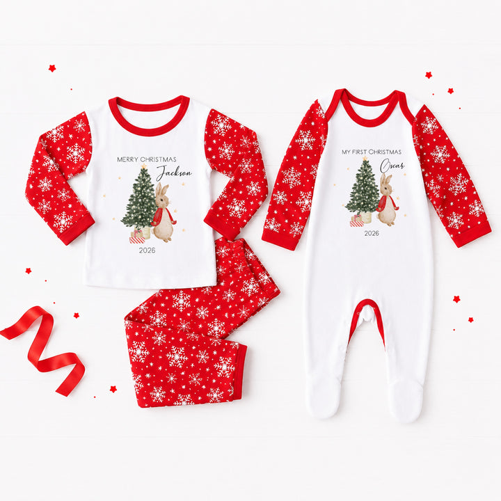 Personalised Red Rabbit Snowflake Christmas Sibling Matching Pyjamas or Baby Grow