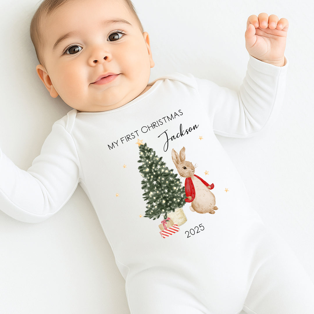 Personalised My First Christmas Red Rabbit Baby Grow/Vest/Bib
