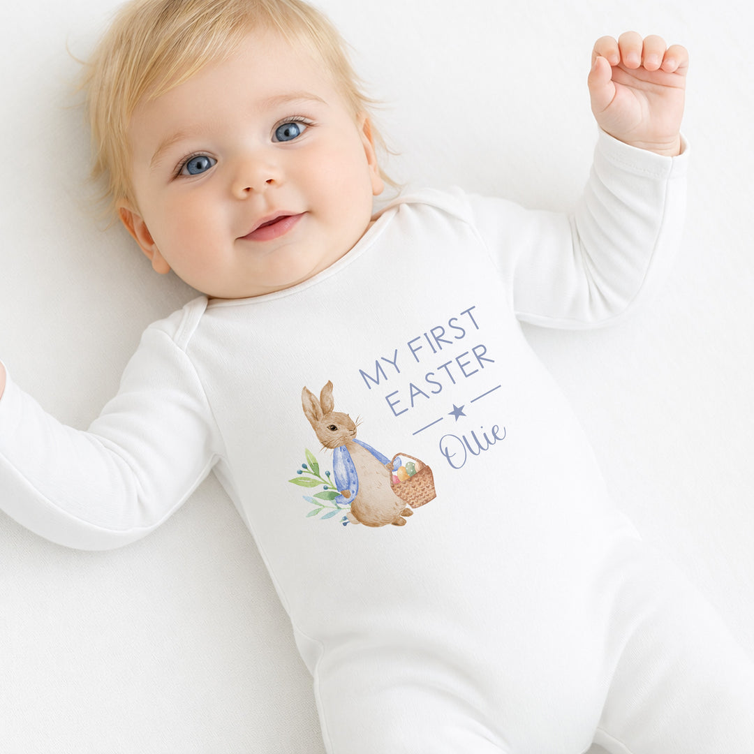 Personalised Blue Rabbit My First Easter Baby Grow, Vest or Bib