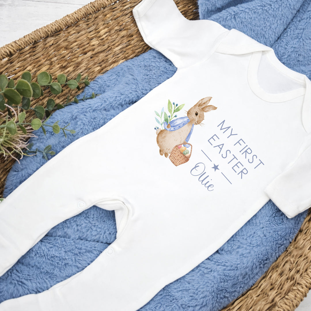 Personalised Blue Rabbit My First Easter Baby Grow, Vest or Bib