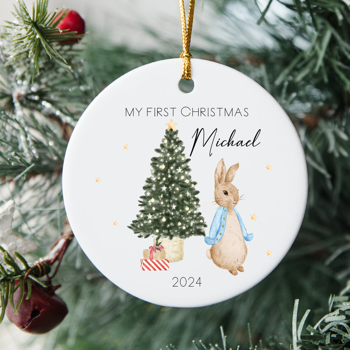 My First Christmas Blue Rabbit Boys Personalised Ceramic Tree Ornament