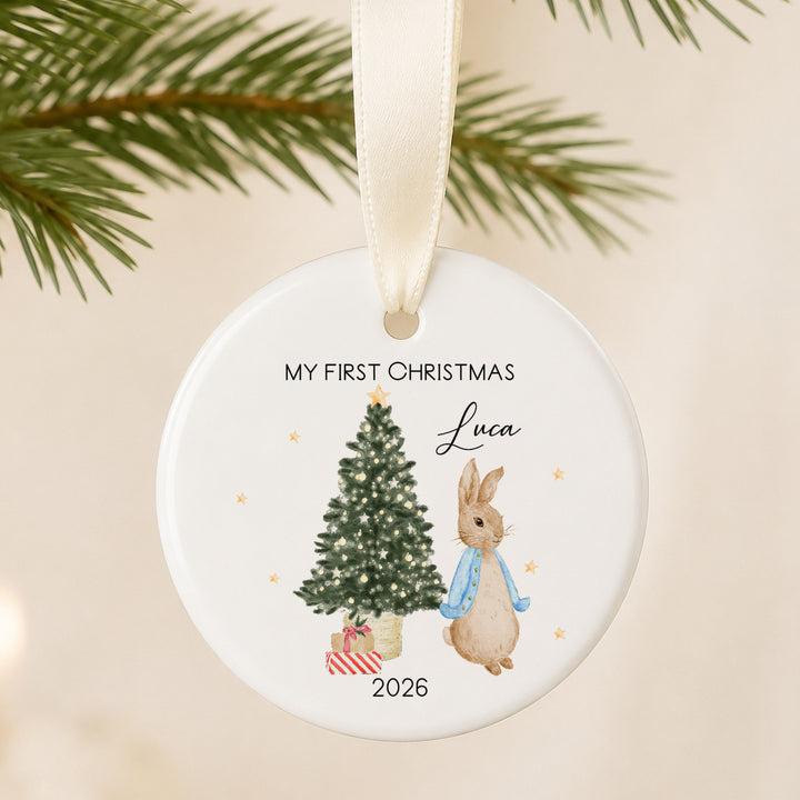 Personalised Blue Rabbit Tree Ceramic My First Christmas Bauble