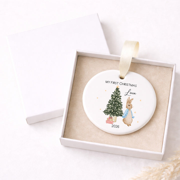 Personalised Blue Rabbit Tree Ceramic My First Christmas Bauble