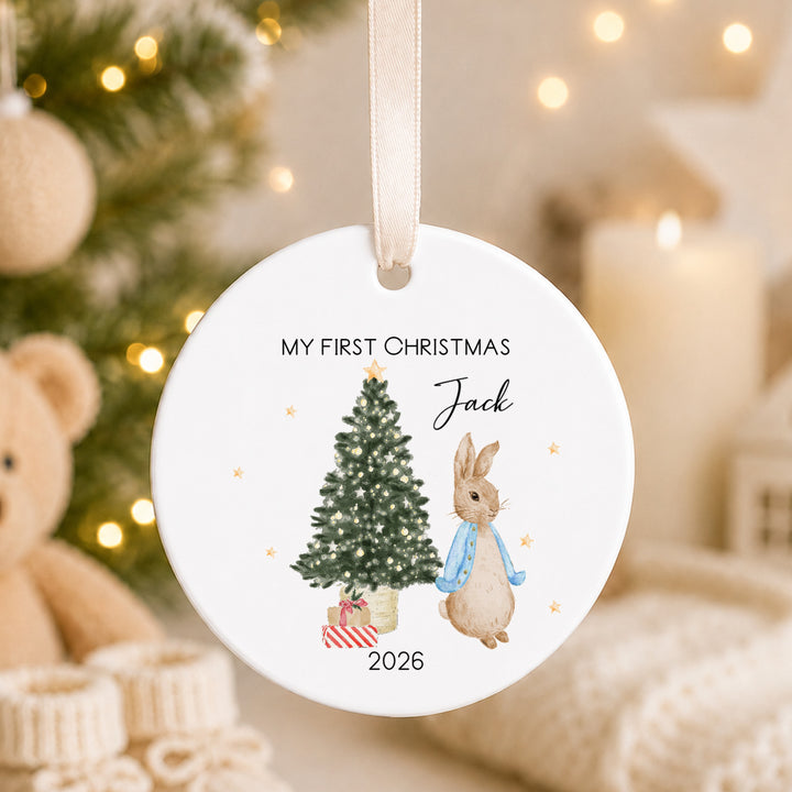 Personalised Blue Rabbit Tree Ceramic My First Christmas Bauble
