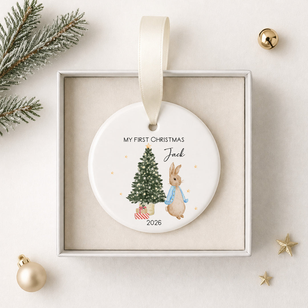 Personalised Blue Rabbit Tree Ceramic My First Christmas Bauble