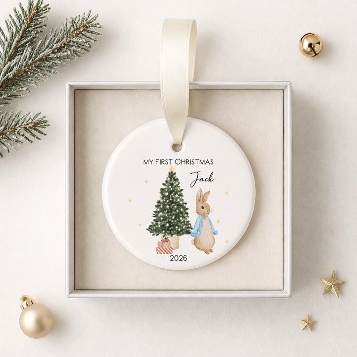 Personalised Blue Rabbit Tree Ceramic My First Christmas Bauble