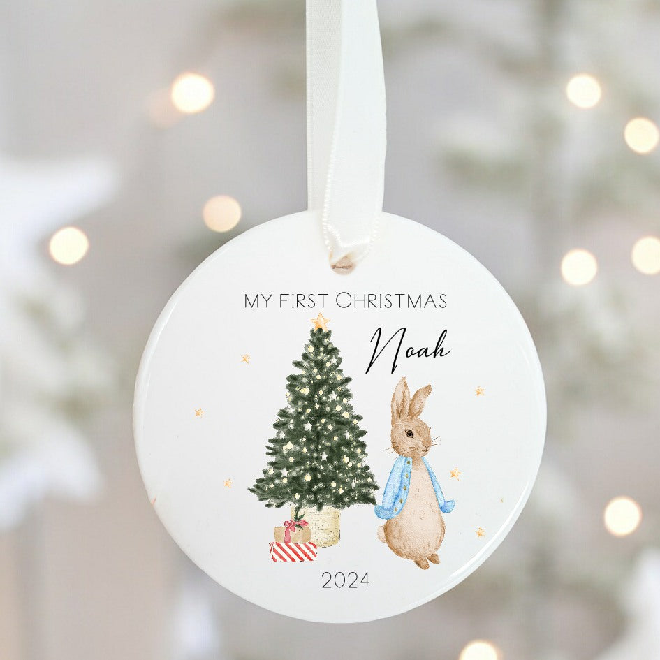 My First Christmas Blue Rabbit Boys Personalised Ceramic Tree Ornament