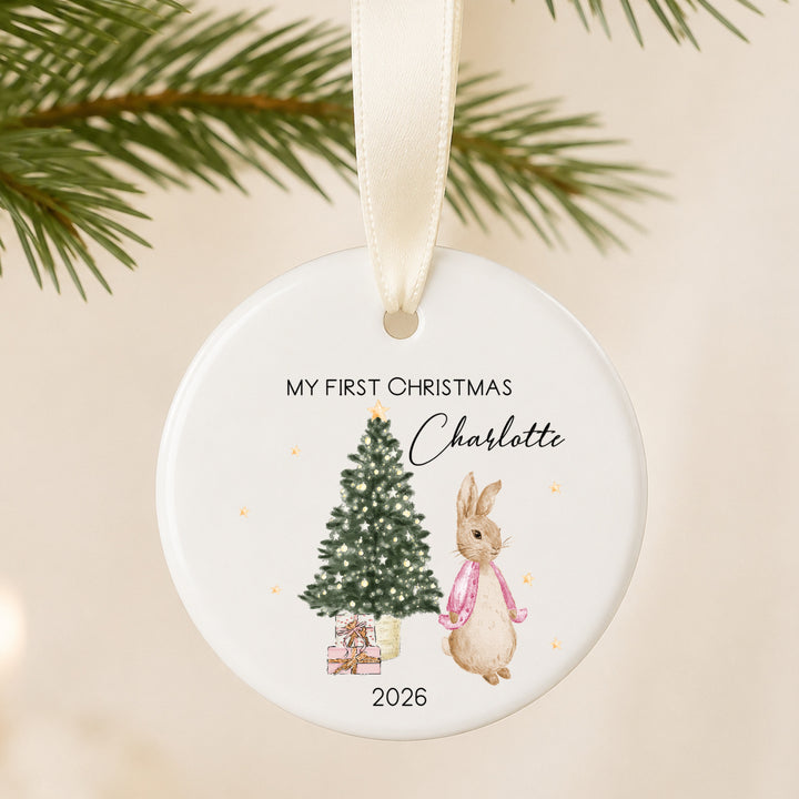 Personalised Pink Rabbit Ceramic My First Christmas Bauble