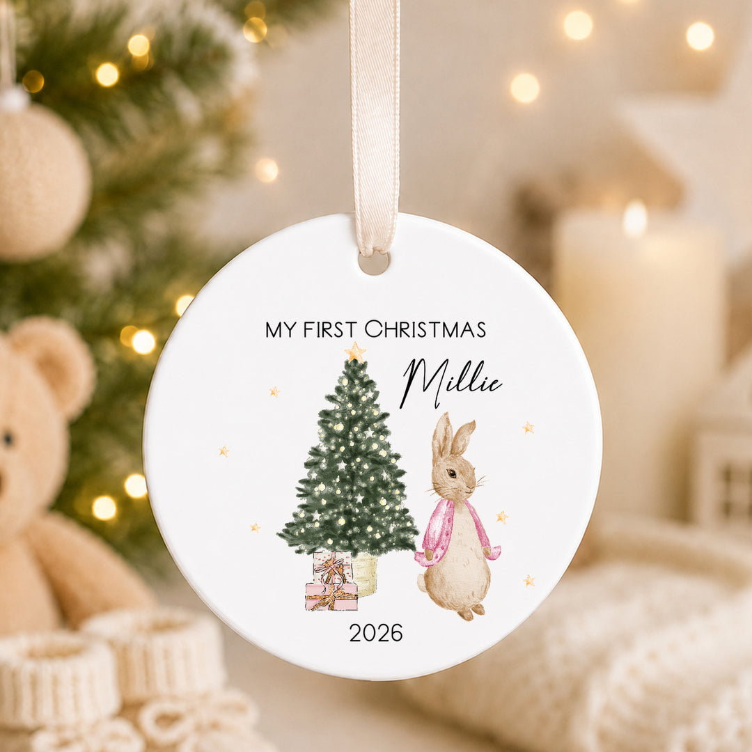 Personalised Pink Rabbit Ceramic My First Christmas Bauble