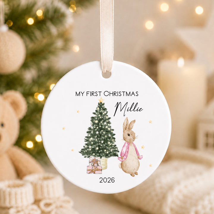 Personalised Pink Rabbit Ceramic My First Christmas Bauble