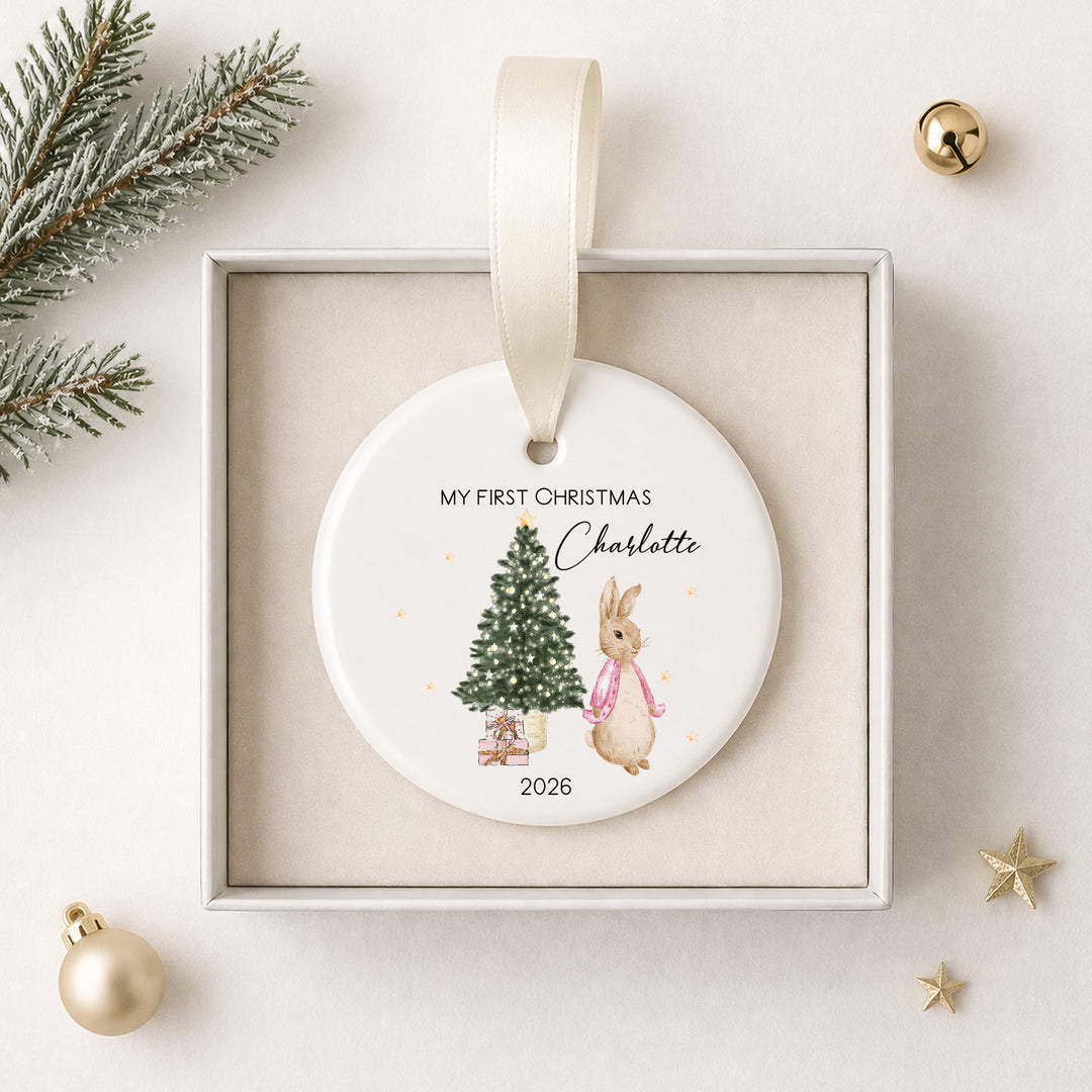Personalised Pink Rabbit Ceramic My First Christmas Bauble