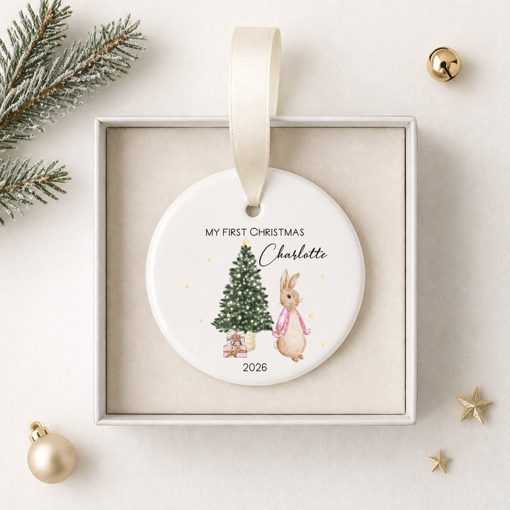 Personalised Pink Rabbit Ceramic My First Christmas Bauble
