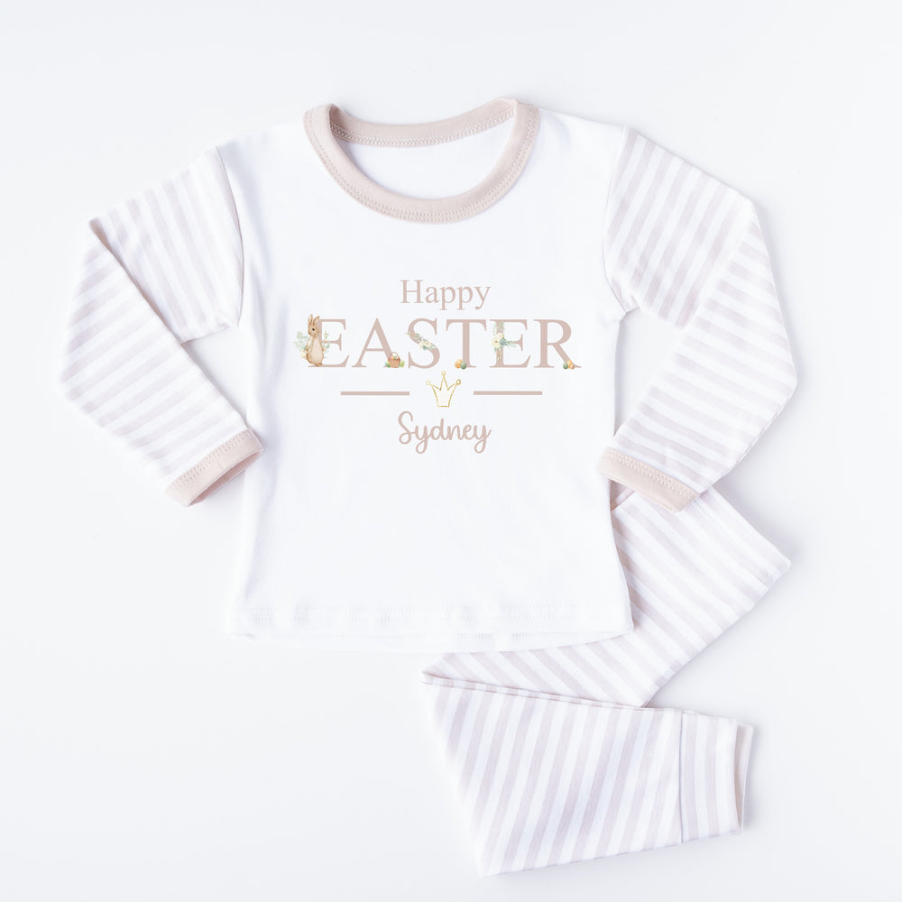 Personalised beige stripe Easter pyjamas that say 'Happy Easter Sydney'. This design features a rabbit wearing a beige jacket