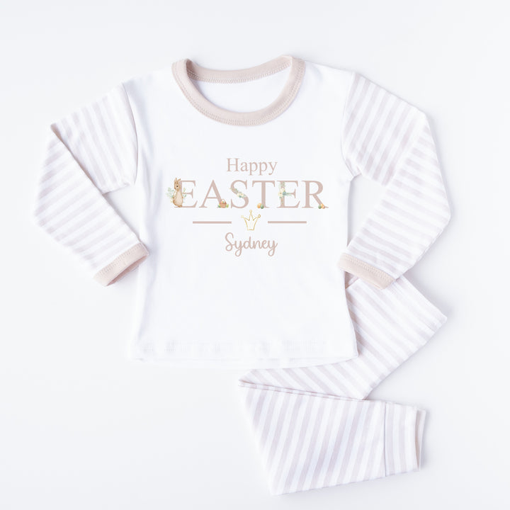 Personalised beige stripe Easter pyjamas that say 'Happy Easter Sydney'. This design features a rabbit wearing a beige jacket