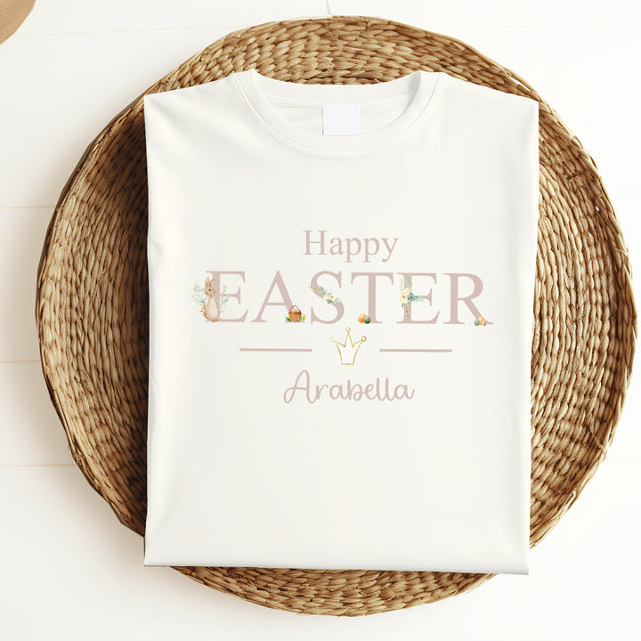 Personalised white Easter childrens t-shirt that says 'Happy Easter Arabella'. This design features a rabbit wearing a beige jacket