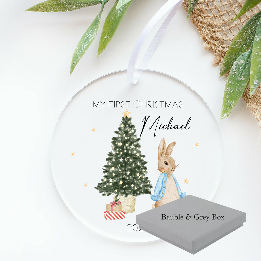 Personalised Blue Rabbit My First Christmas Acrylic Bauble