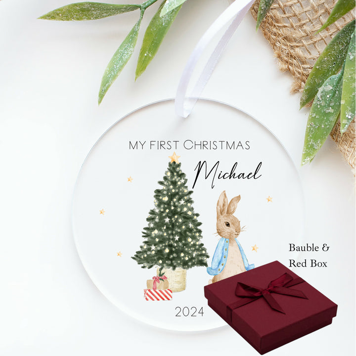 Personalised Blue Rabbit My First Christmas Acrylic Bauble