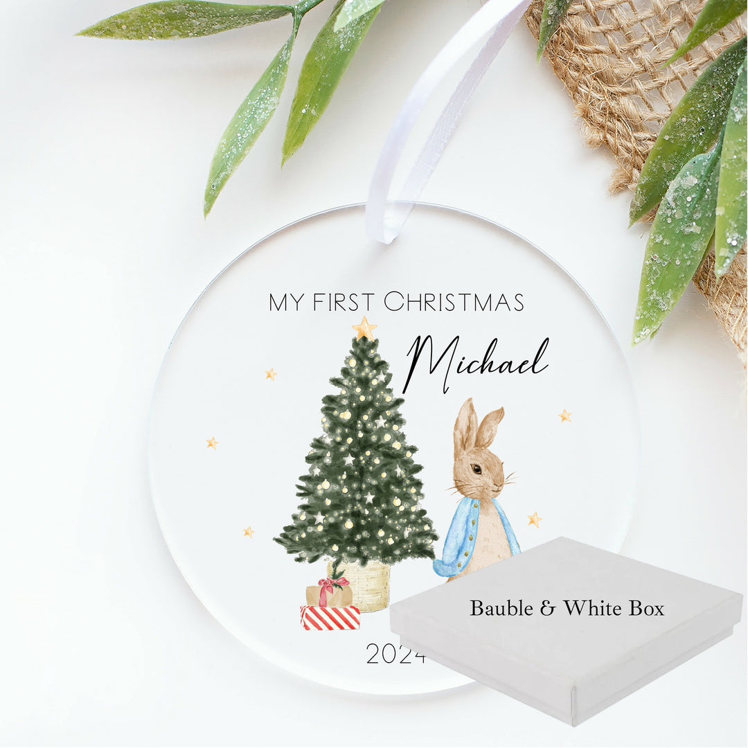 Personalised Blue Rabbit My First Christmas Acrylic Bauble