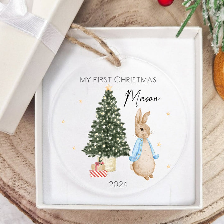 My First Christmas Blue Rabbit Personalised Clear Acrylic Tree Ornament