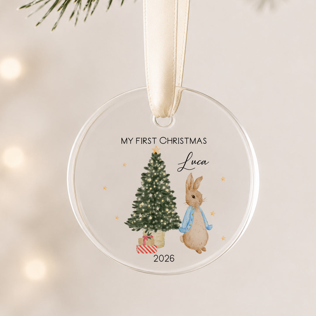 Personalised Blue Rabbit Acrylic My First Christmas Bauble