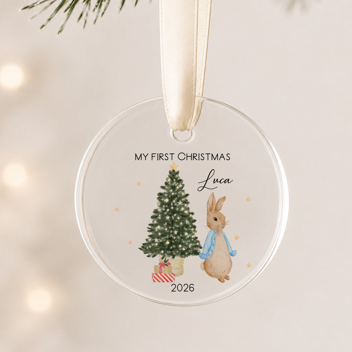 Personalised Blue Rabbit Acrylic My First Christmas Bauble