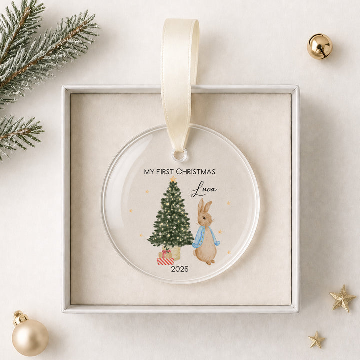 Personalised Blue Rabbit Acrylic My First Christmas Bauble