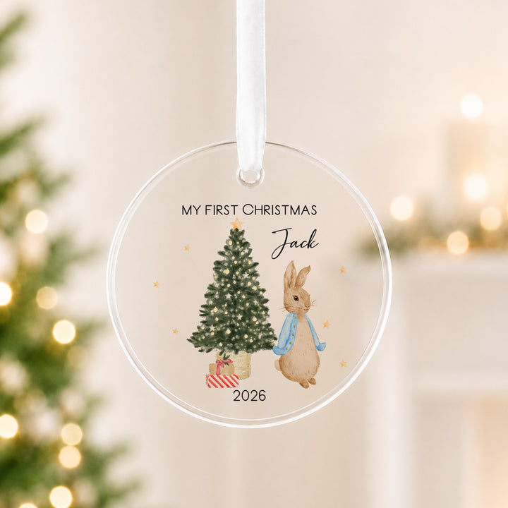 Personalised Blue Rabbit Acrylic My First Christmas Bauble