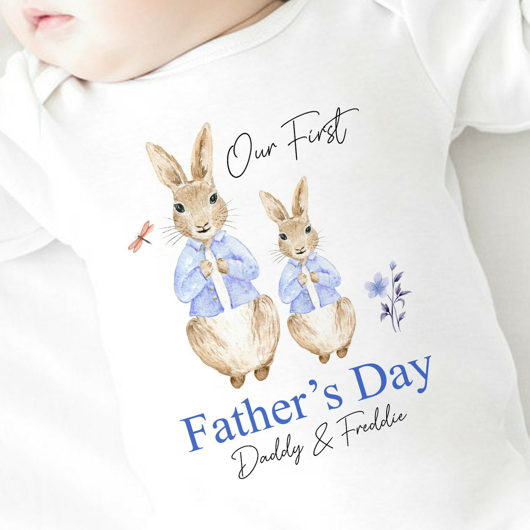 Personalised Blue Rabbits First Father's Day Babygrow/Vest