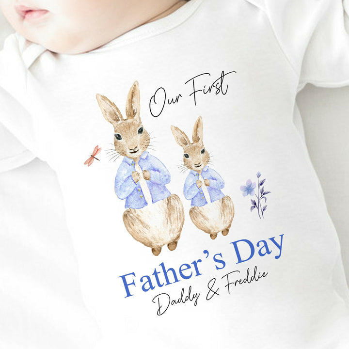 Personalised Blue Rabbits First Father's Day Babygrow/Vest