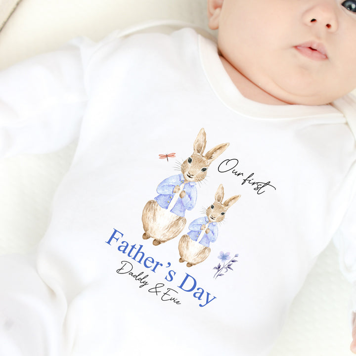 Personalised Our First Father's Day Blue Rabbits Babygrow/Vest