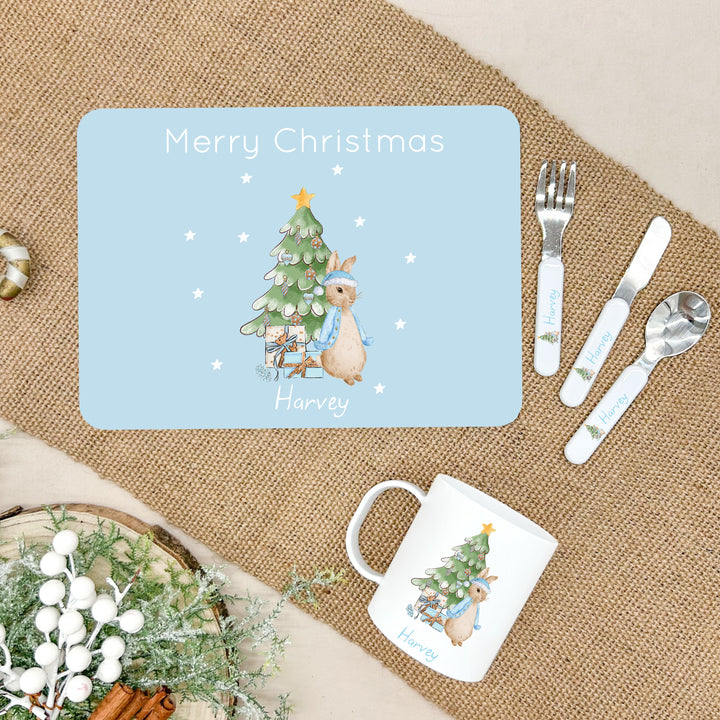 Personalised Blue Rabbit Christmas Place Mat With Optional Cutlery and Mug