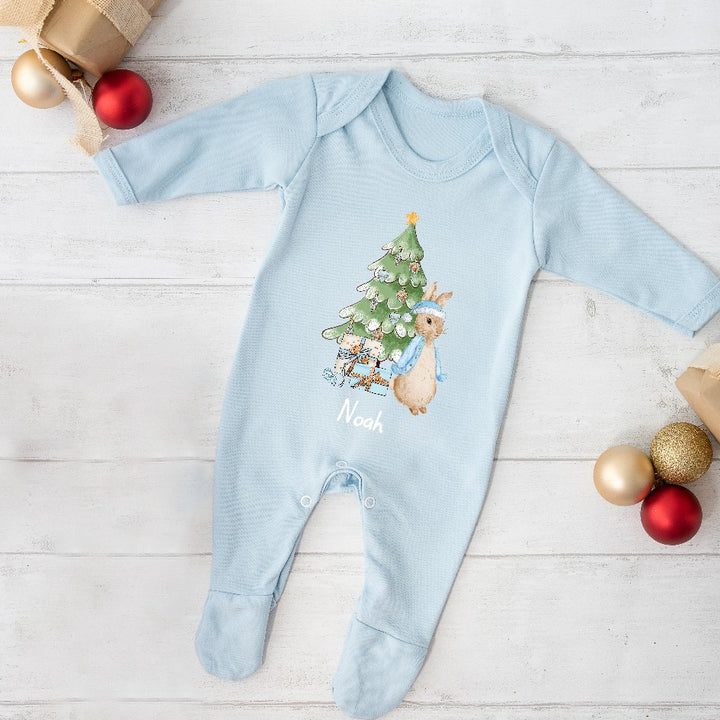 Personalised Blue Rabbit Christmas Blue Babygrow and optional Hat