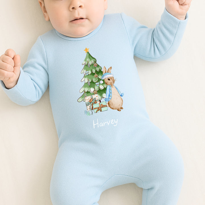 Personalised Blue Rabbit Christmas Blue Baby Grow