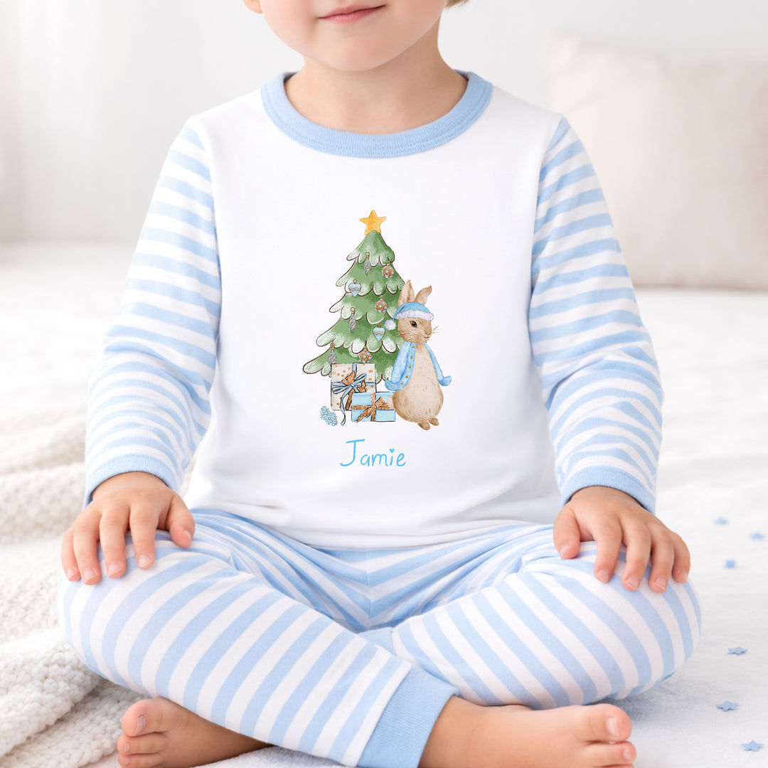 Personalised Blue Rabbit Tree Christmas Pyjamas