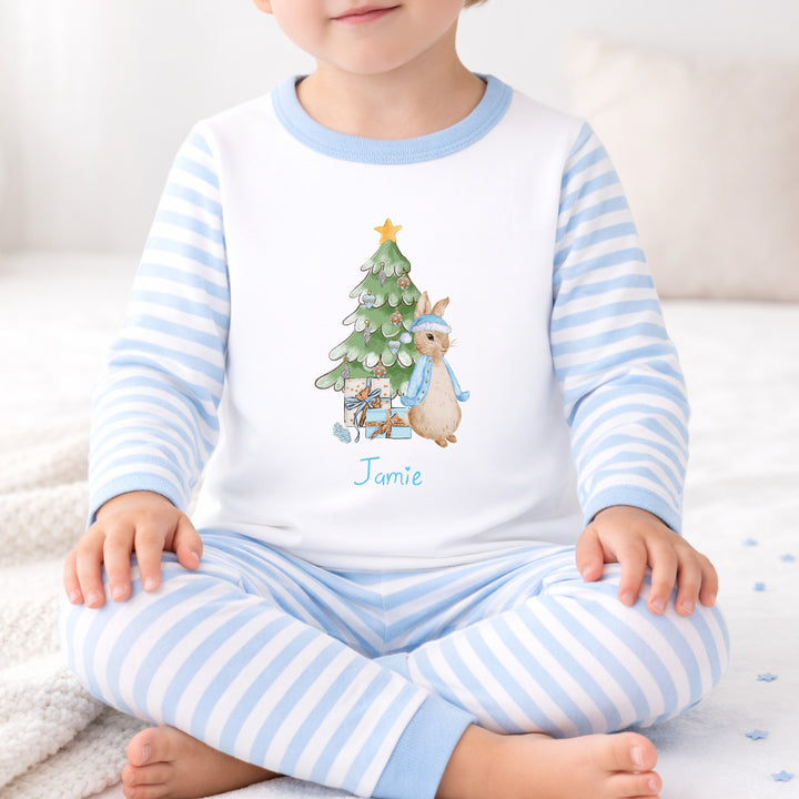 Personalised Blue Rabbit Tree Christmas Pyjamas