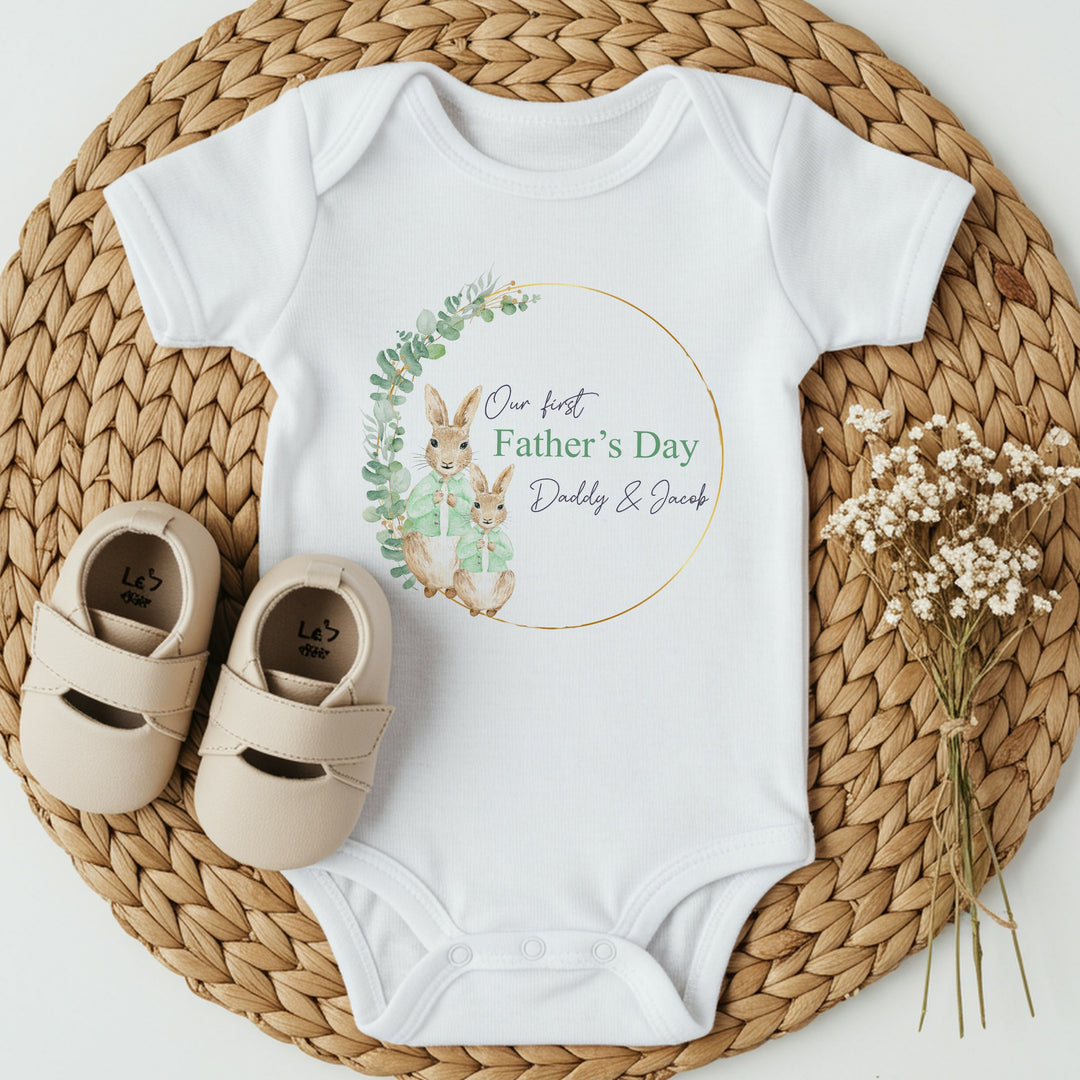 Personalised Green Rabbit Wreath First Father's Babygrow/Vest